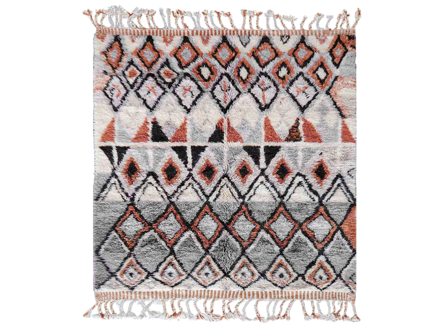 A handmade Moroccan wool rug featuring a sophisticated geometric diamond pattern in neutral tones, orange, and black, accented with intricate details and tassels on the edges. This rug blends traditional Berber craftsmanship with modern interior design styles.