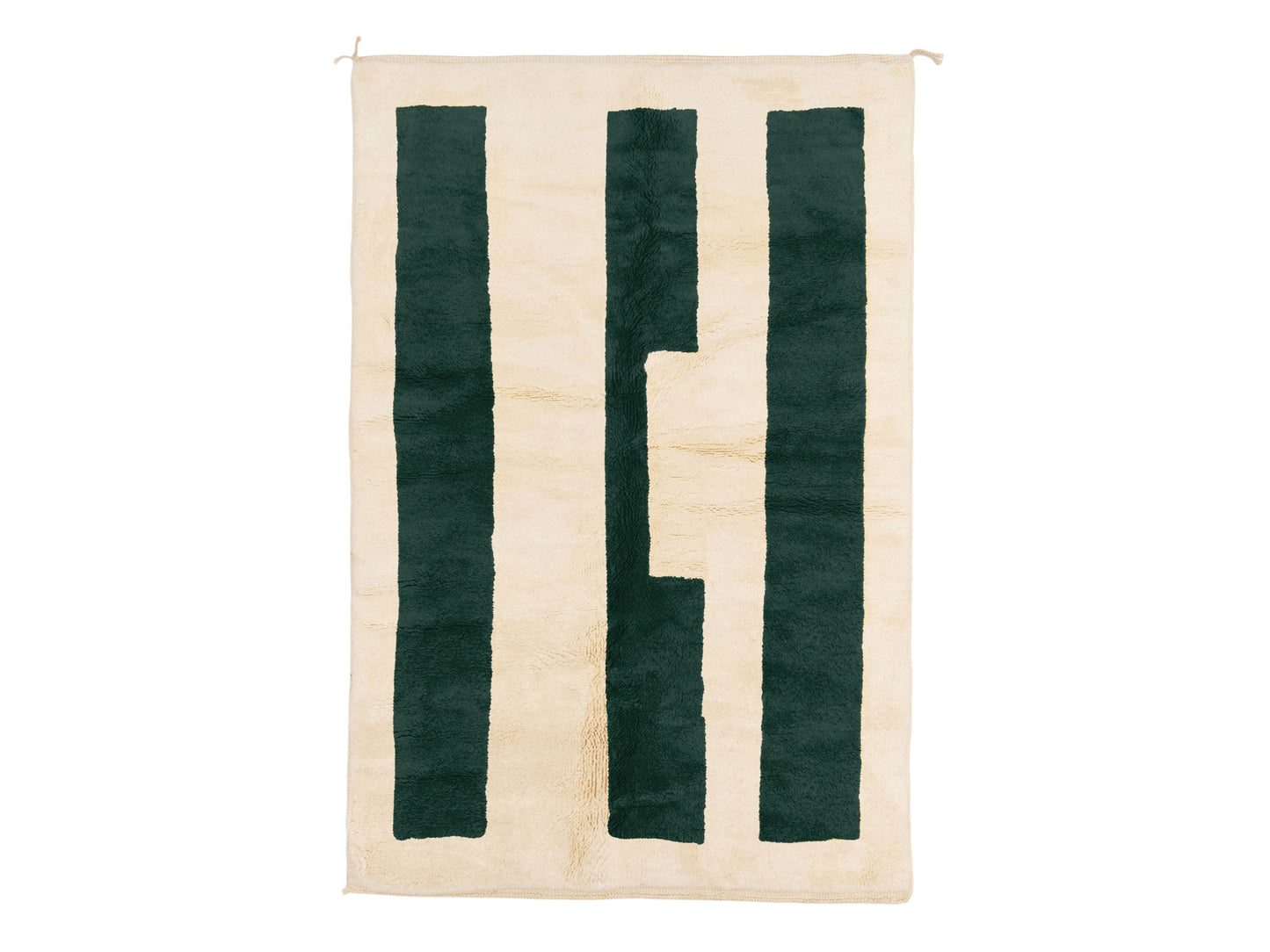 A modern Moroccan rug with bold green geometric stripes on a cream wool base, blending minimalist design and craftsmanship. Handcrafted and available in custom sizes for contemporary interiors.
