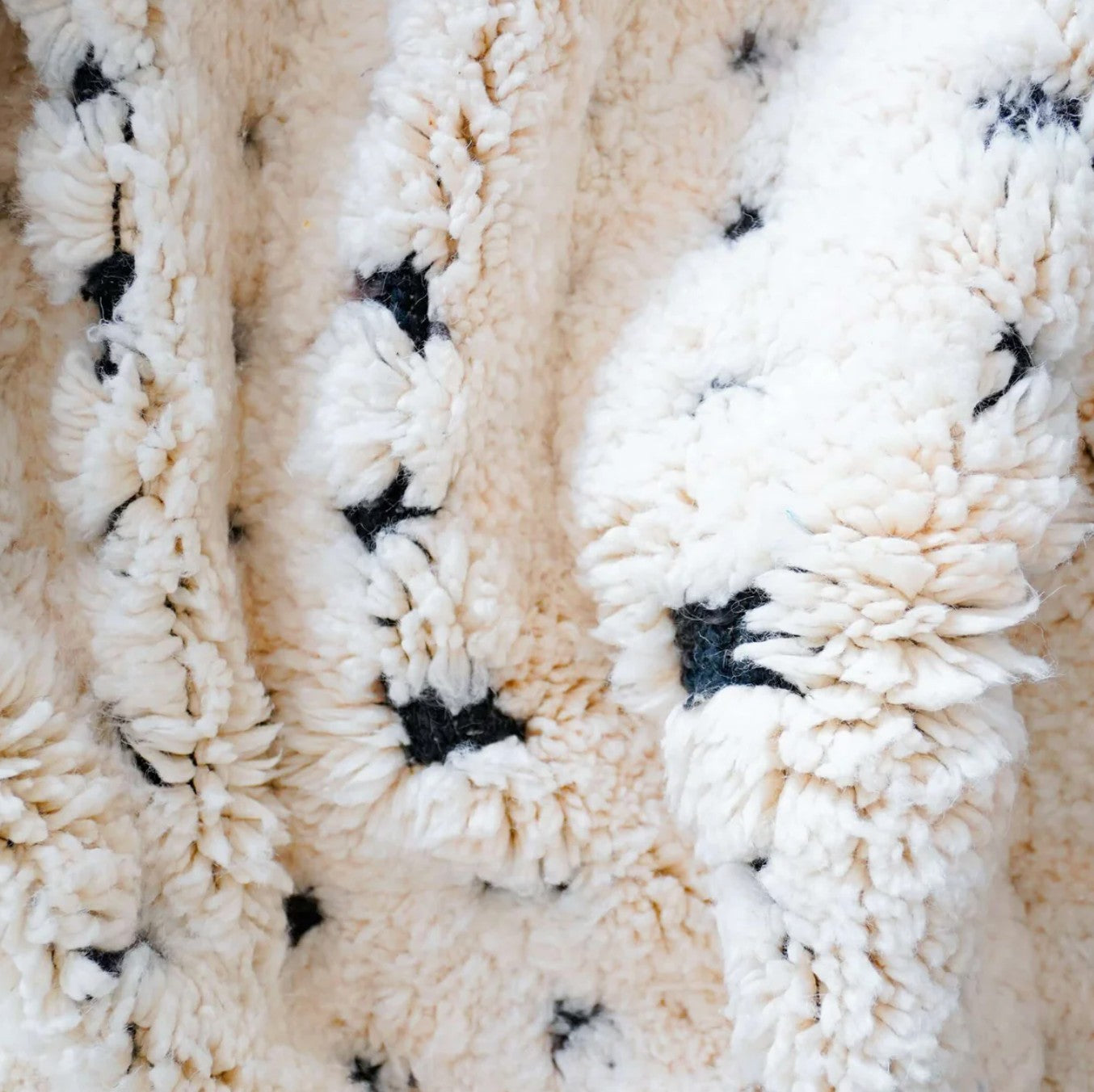 Artisanal handmade wool rug in white with a dotted black stripe pattern and delicate fringed edges, displayed on a warm wooden floor, ideal for minimalist and modern decor.