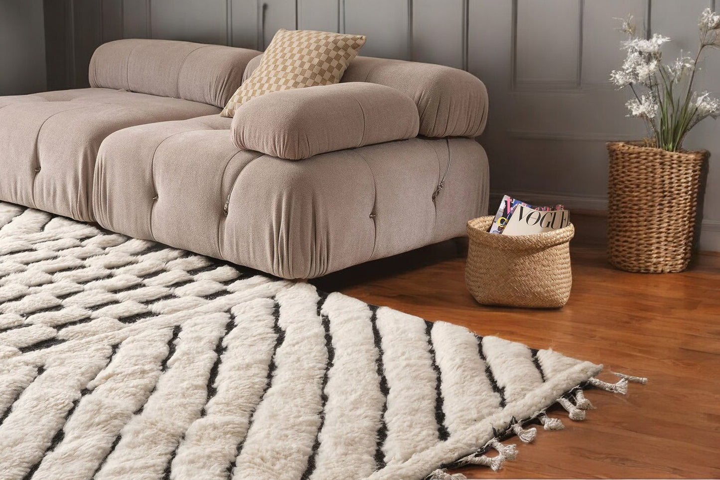 Handmade Wool Rug with Bold Stripe and Checkered Pattern – Black and White Modern Boho Area Rug, Artistic Home Decor
Description:
Make a statement with this handmade wool rug, featuring a striking black and white design with alternating diagonal stripes and a central checkered pattern. This artistic rug is perfect for adding visual interest to modern and boho interiors, making it an ideal centerpiece for living rooms, bedrooms, or creative spaces. Crafted from high-quality wool, it provides both durability