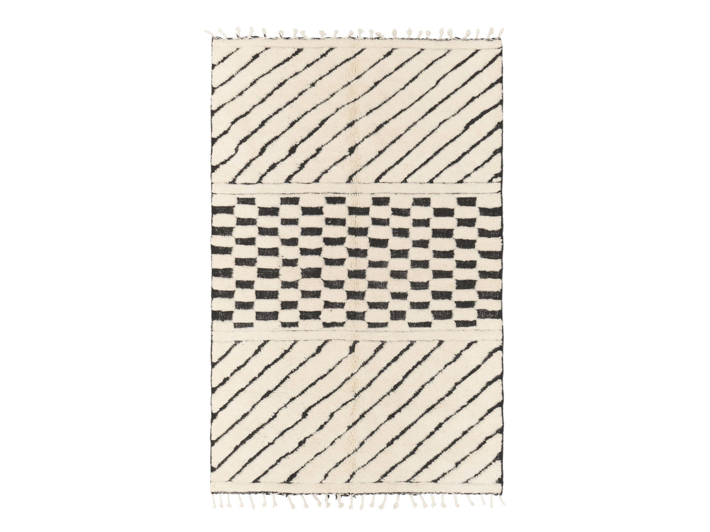 Handmade Wool Rug with Bold Stripe and Checkered Pattern – Black and White Modern Boho Area Rug, Artistic Home Decor
Description:
Make a statement with this handmade wool rug, featuring a striking black and white design with alternating diagonal stripes and a central checkered pattern. This artistic rug is perfect for adding visual interest to modern and boho interiors, making it an ideal centerpiece for living rooms, bedrooms, or creative spaces. Crafted from high-quality wool, it provides both durability