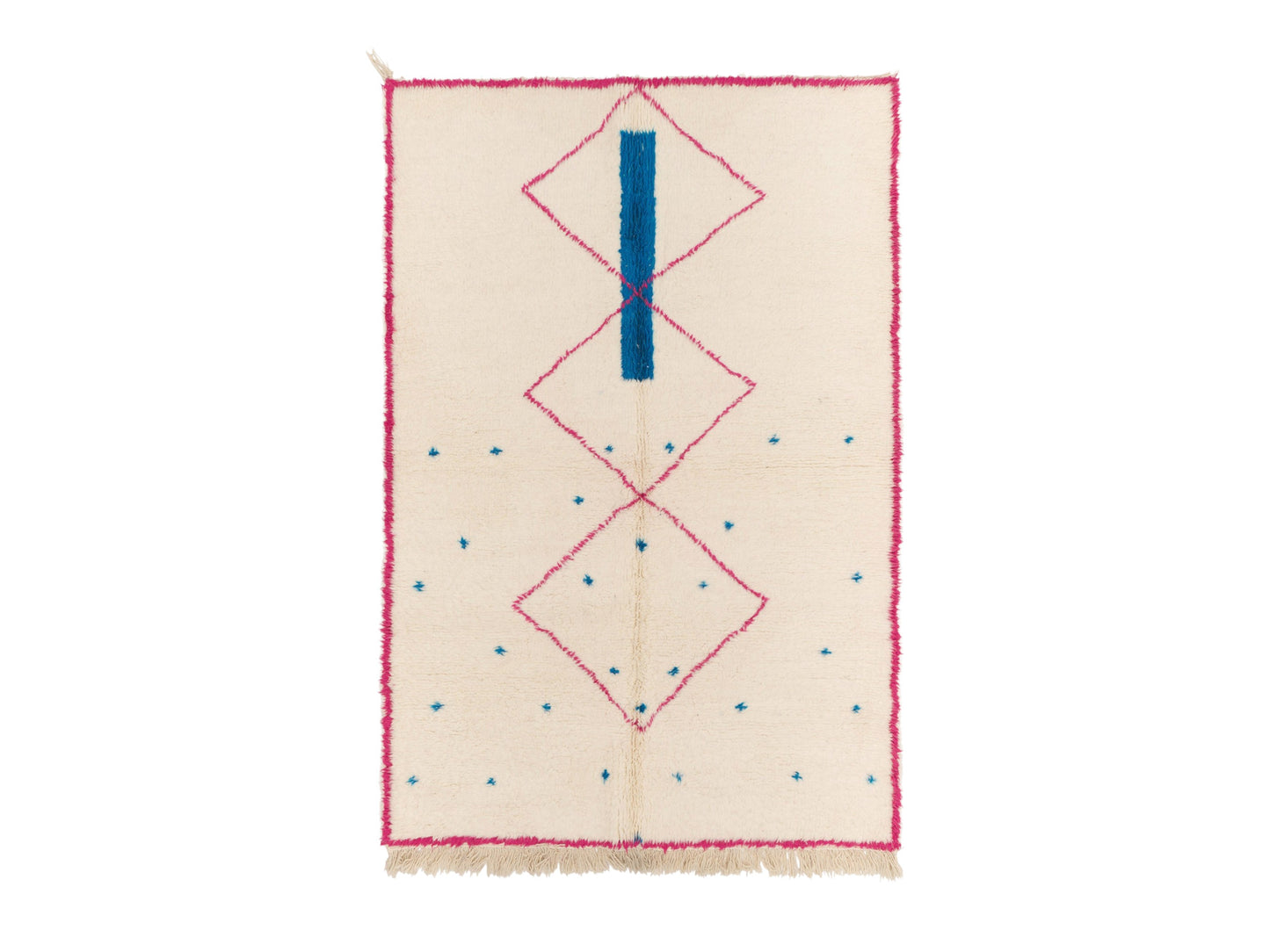 Ivory Moroccan rug with pink diamond pattern and blue accents, featuring a bold blue bar across the design. This handmade rug adds a colorful boho touch to living rooms, bedrooms, or office spaces.
