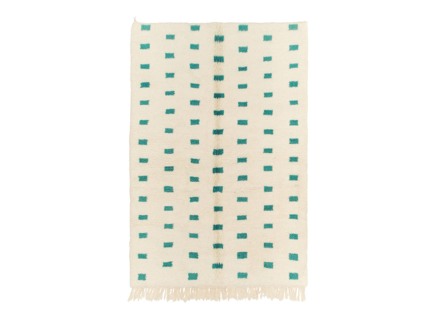 A contemporary Moroccan rug with turquoise geometric patterns on a cream wool base, handwoven for a modern minimalist style. Ideal for living rooms, bedrooms, or offices, this rug is available in customizable sizes.
