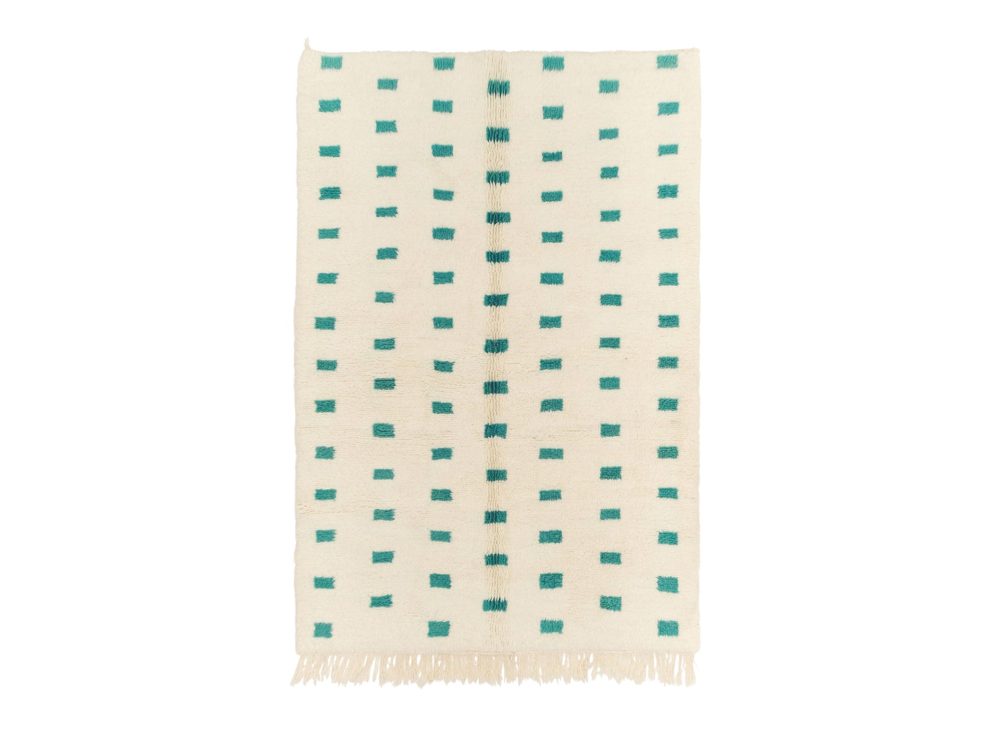 A contemporary Moroccan rug with turquoise geometric patterns on a cream wool base, handwoven for a modern minimalist style. Ideal for living rooms, bedrooms, or offices, this rug is available in customizable sizes.
