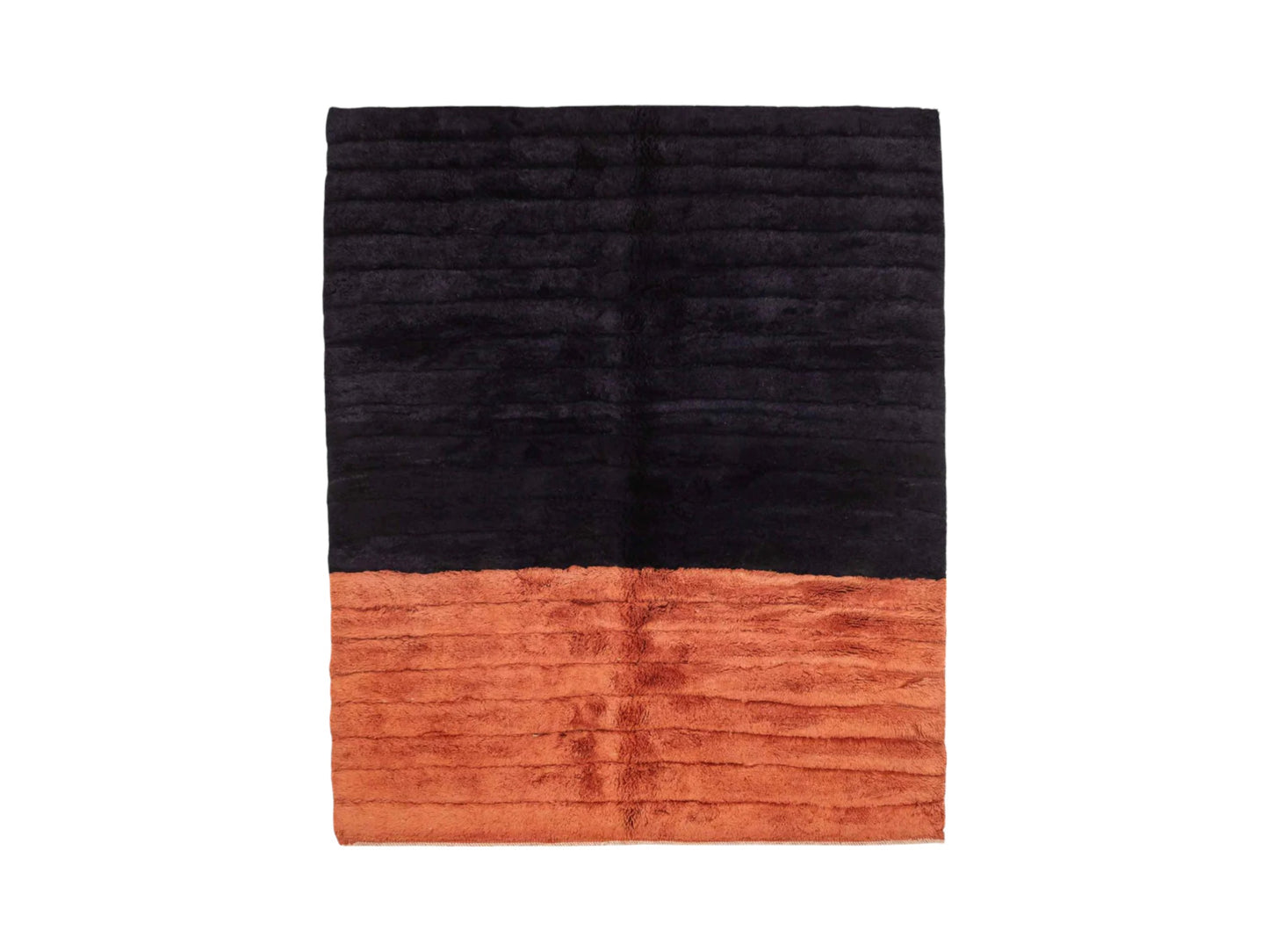 Handmade wool rug with bold horizontal stripes in deep black and terracotta orange, showcasing a sleek ribbed texture, ideal for modern and minimalist decor styles.