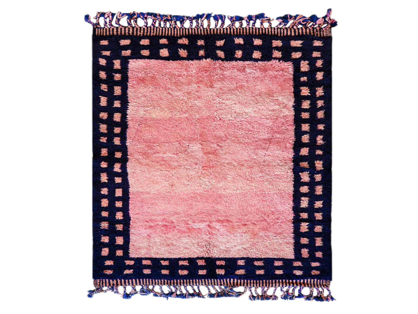 Handmade Moroccan wool rug featuring a vibrant pink center with a navy checkered border and fringed edges, creating a bold and stylish look for modern, boho, or eclectic interiors
