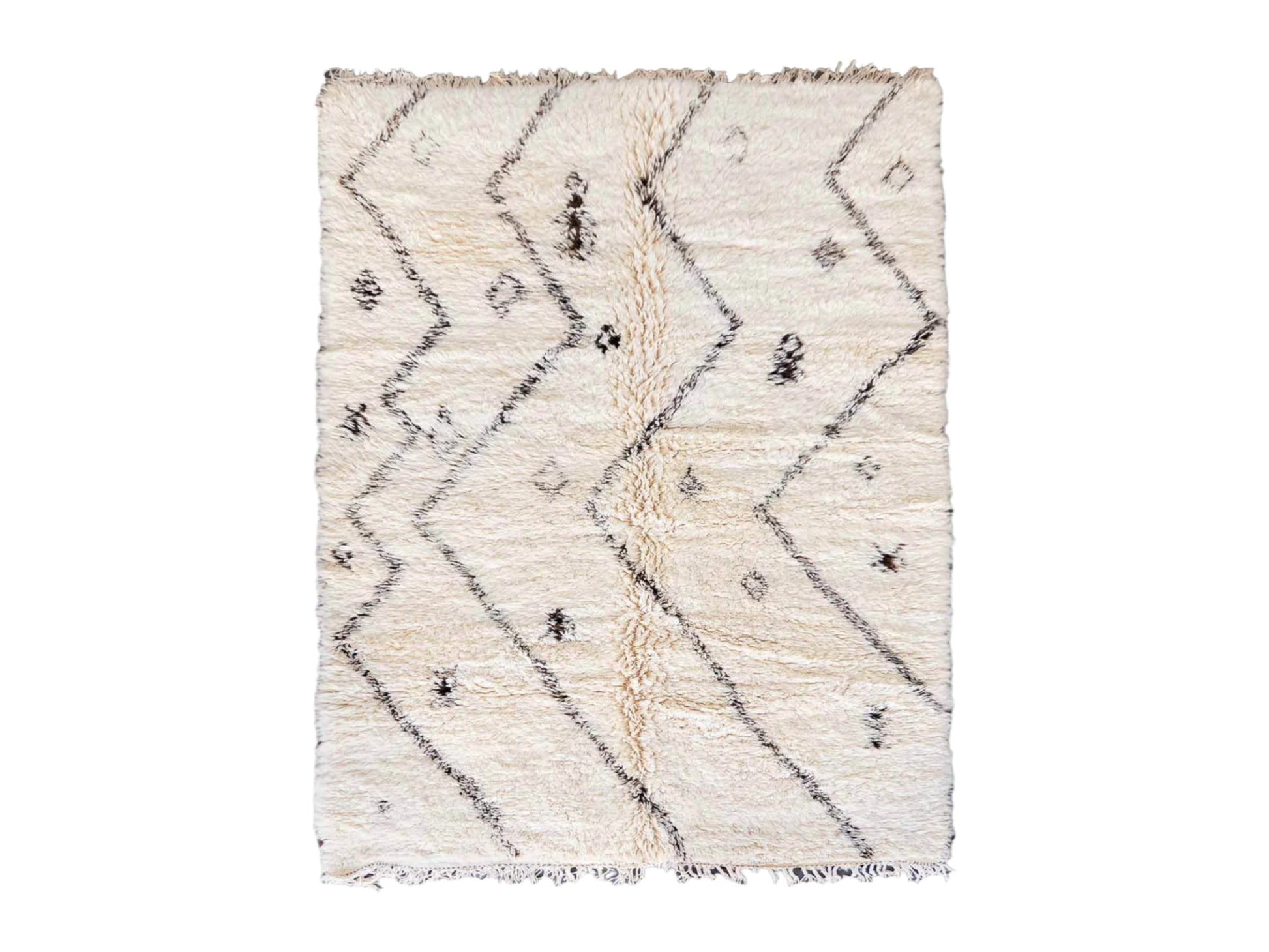Handmade Moroccan wool rug with a cream base, black zigzag lines, and subtle Berber motifs, perfect for minimalist, boho, or Scandinavian interiors
