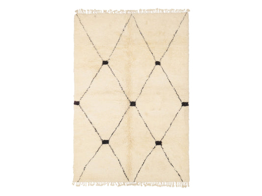 Handmade Wool Rug with Black Diamond Pattern – Minimalist Modern Area Rug, Cozy Boho Decor, Neutral Living Room Accent
Description:
Bring warmth and elegance to your space with this handmade wool rug, featuring a clean black diamond pattern on a soft ivory background. Perfect for modern and boho-inspired interiors, this rug’s minimalist design makes it a versatile accent in living rooms, bedrooms, and more. Crafted from natural wool, it offers a cozy texture that enhances any space, providing both style and