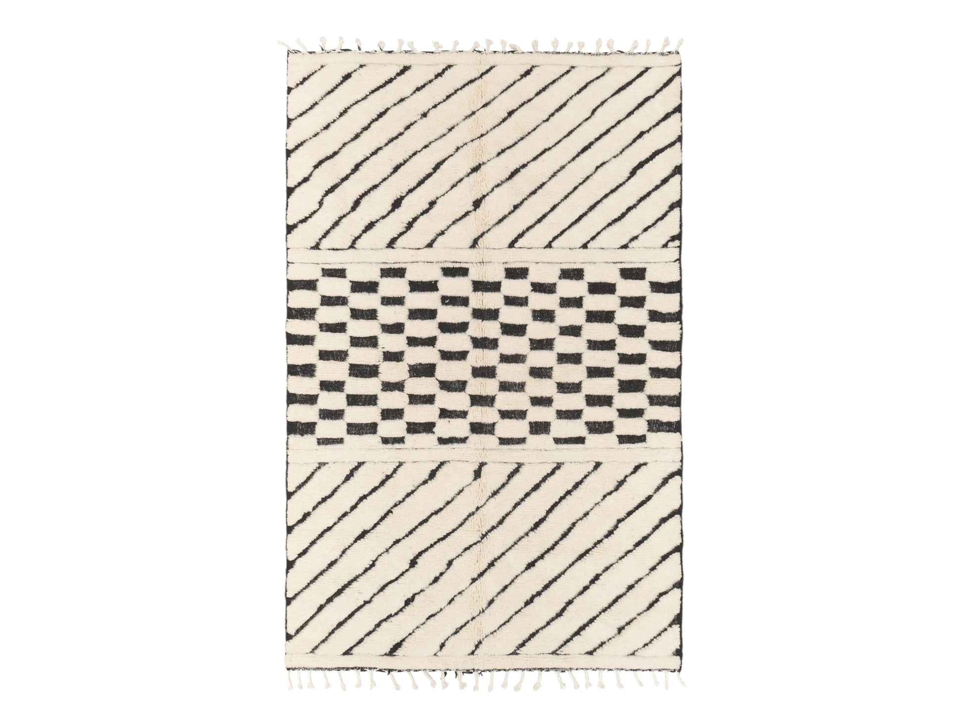 Handmade Wool Rug with Bold Stripe and Checkered Pattern – Black and White Modern Boho Area Rug, Artistic Home Decor
Description:
Make a statement with this handmade wool rug, featuring a striking black and white design with alternating diagonal stripes and a central checkered pattern. This artistic rug is perfect for adding visual interest to modern and boho interiors, making it an ideal centerpiece for living rooms, bedrooms, or creative spaces. Crafted from high-quality wool, it provides both durability 