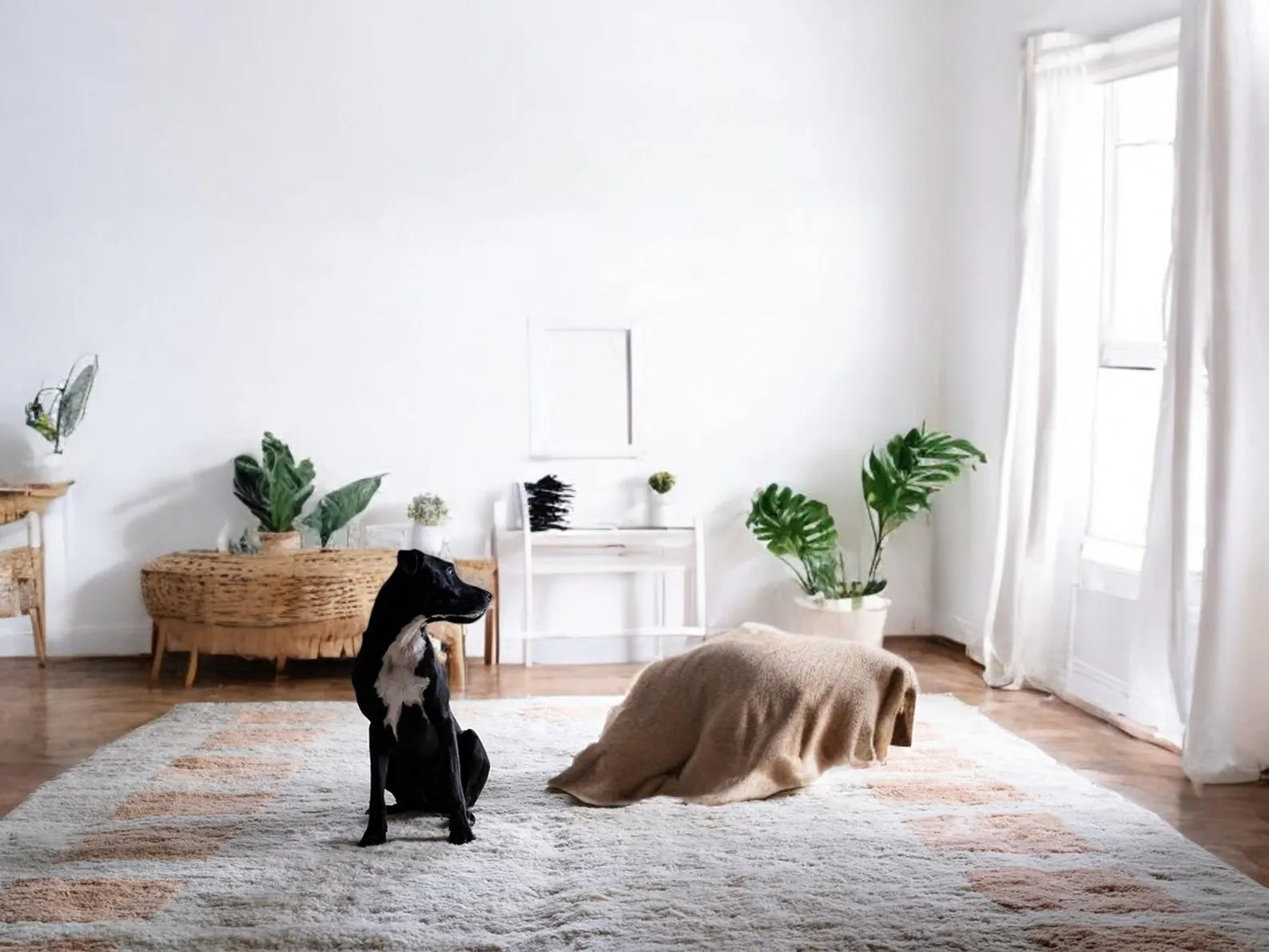 Beni Ourain rug handmade Moroccan rug wool Berber carpet blush pink decor neutral home styling artisanal Moroccan rugs geometric boho rug.
Handwoven Moroccan Beni Ourain wool rug with a blush pink geometric border on an ivory base perfect for cozy interiors.