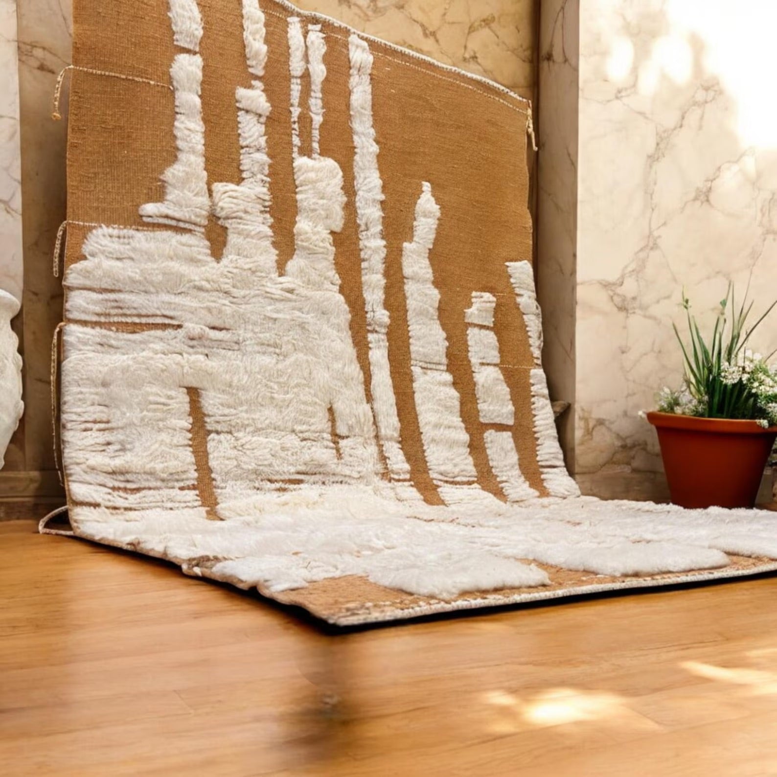 A striking Moroccan wool rug featuring sculpted ivory abstract shapes rising from a deep terracotta base. Handwoven by Amazigh women in the Atlas Mountains using 100% natural wool. This rug blends traditional craftsmanship with a bold, modern design perfect for boho, wabi-sabi, and artistic interiors. Ideal for statement living rooms, studios, or curated spaces.