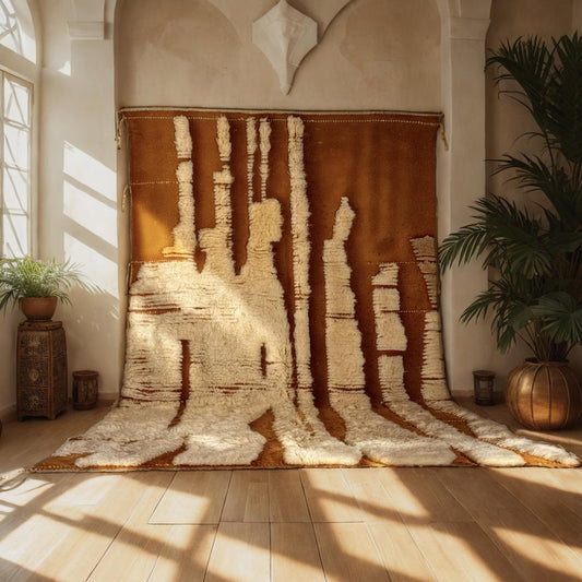 A striking Moroccan wool rug featuring sculpted ivory abstract shapes rising from a deep terracotta base. Handwoven by Amazigh women in the Atlas Mountains using 100% natural wool. This rug blends traditional craftsmanship with a bold, modern design perfect for boho, wabi-sabi, and artistic interiors. Ideal for statement living rooms, studios, or curated spaces.